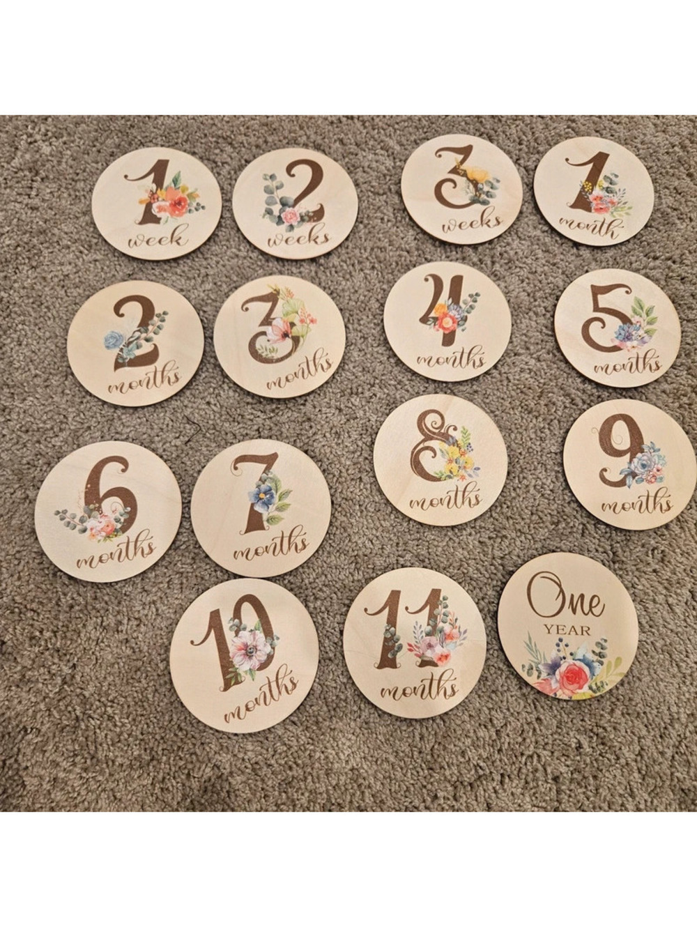 15 Reversible Wooden Baby Milestone Discs – 30 Designs Floral Monthly Firsts